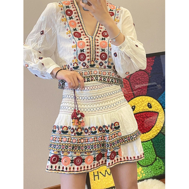 Women's Vintage V-Neck Embroidered Top & High-Waist Tiered Skirt Set
