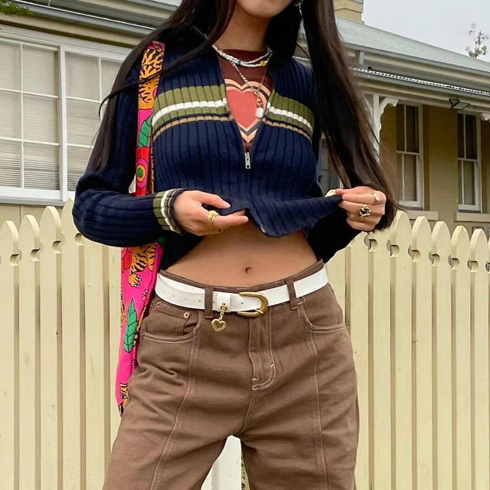 Color-Block V-Neck Zip-Up Cardigan