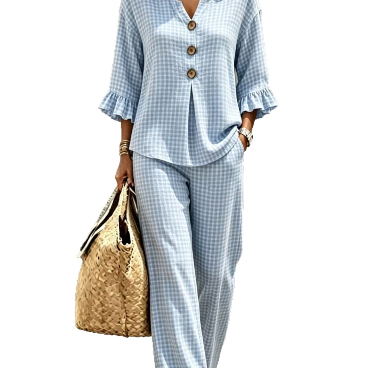 Women's Plaid V-Neck Ruffle Button Top & Pants Set
