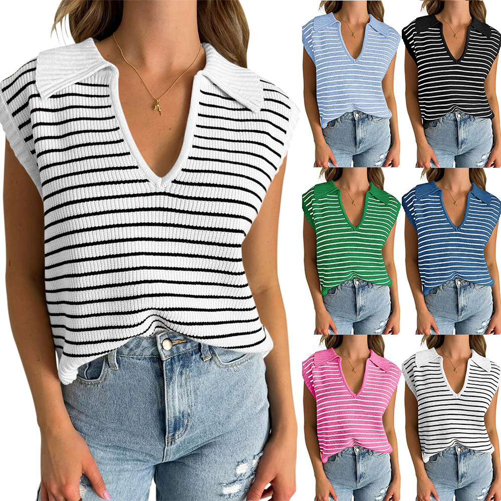 V-Neck Striped Knit Top with Collar