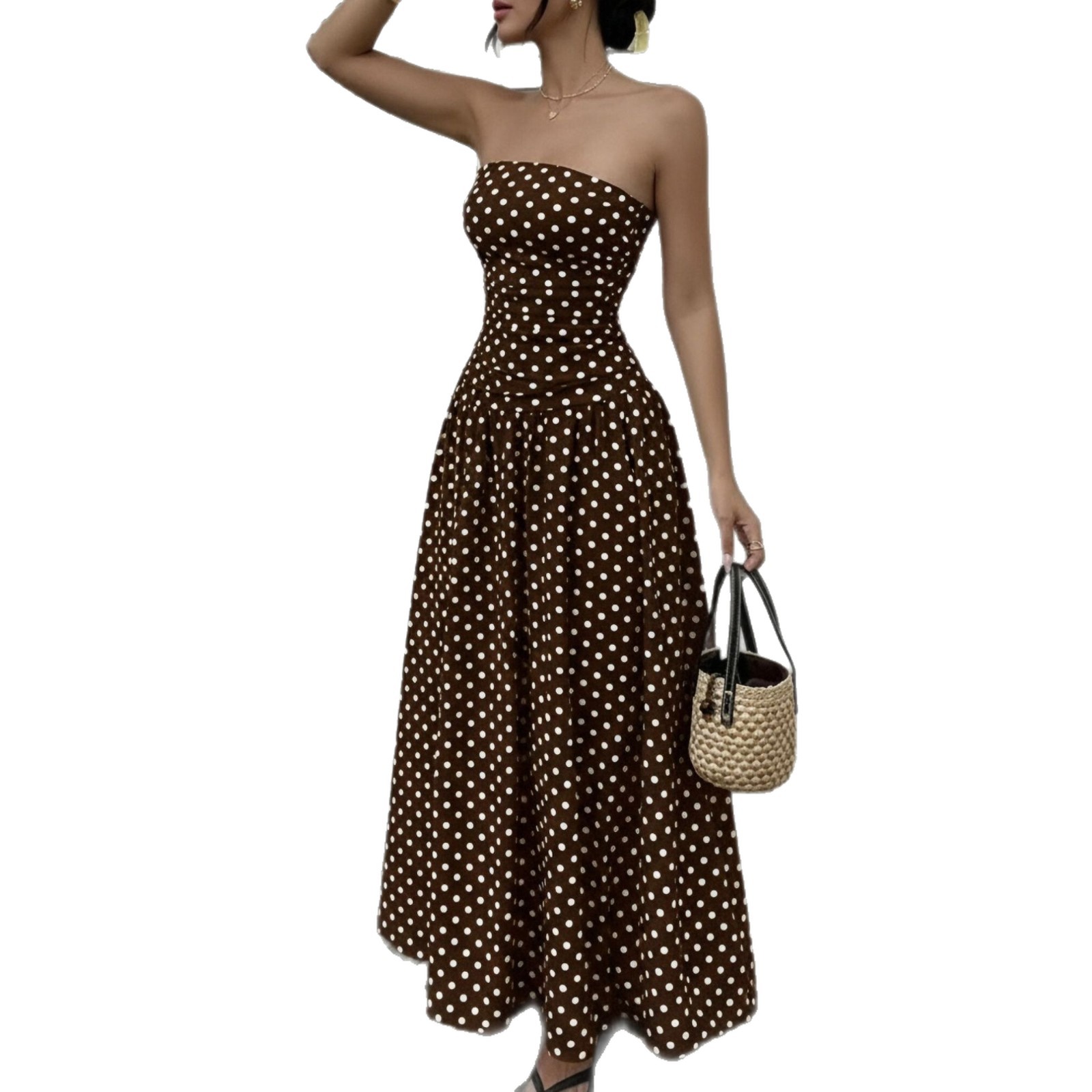 Women's Strapless Polka Dot French Vintage Bodycon Midi Dress