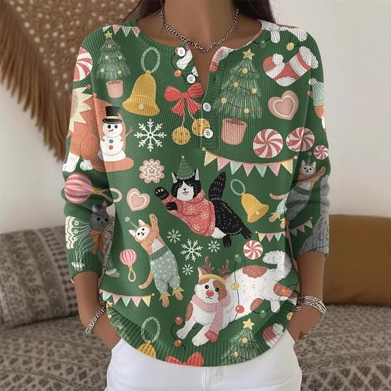 Women's Christmas Animal Lantern Print Button Sweatshirt
