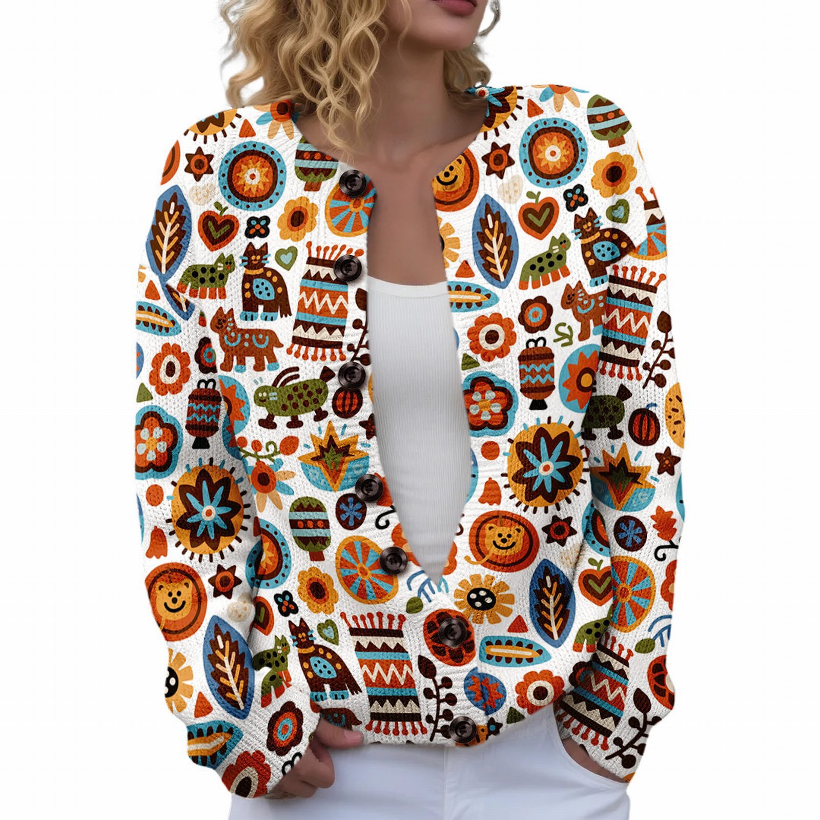 Women's Floral Maple Leaf Print Button Cardigan