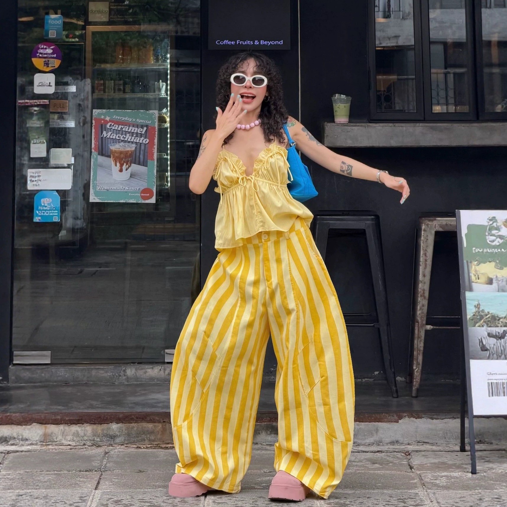 Striped Wide-Leg Pants with Elastic Waist