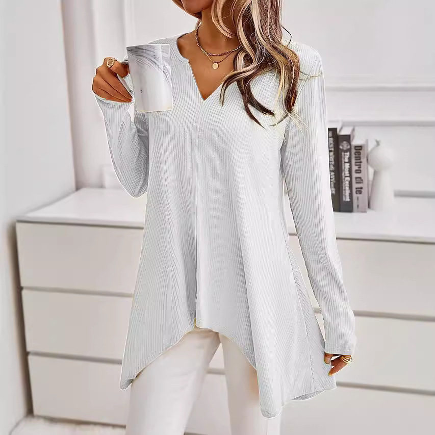 Women's V-Neck Knit Sweater Long Sleeve Loose Fit Solid Color