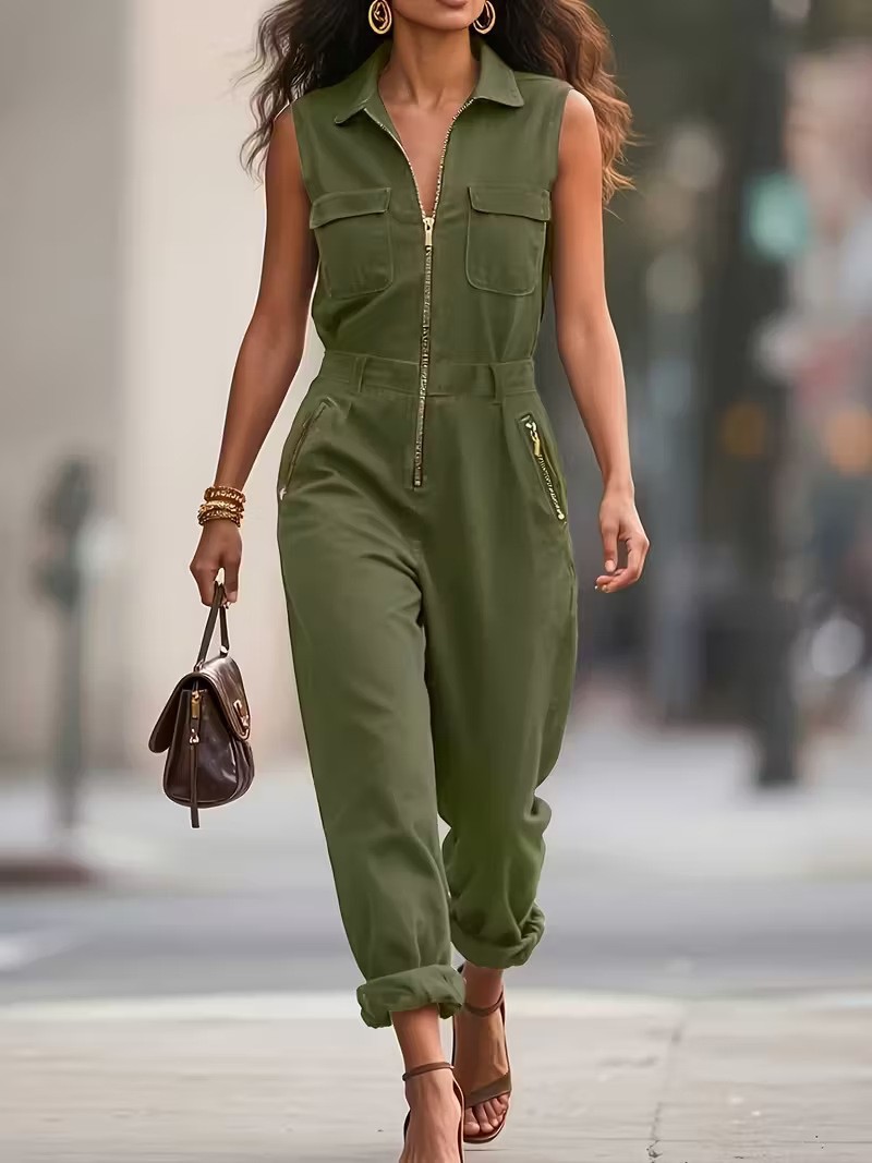 Women's Solid Color Sleeveless Zip Jumpsuit Wide-Leg