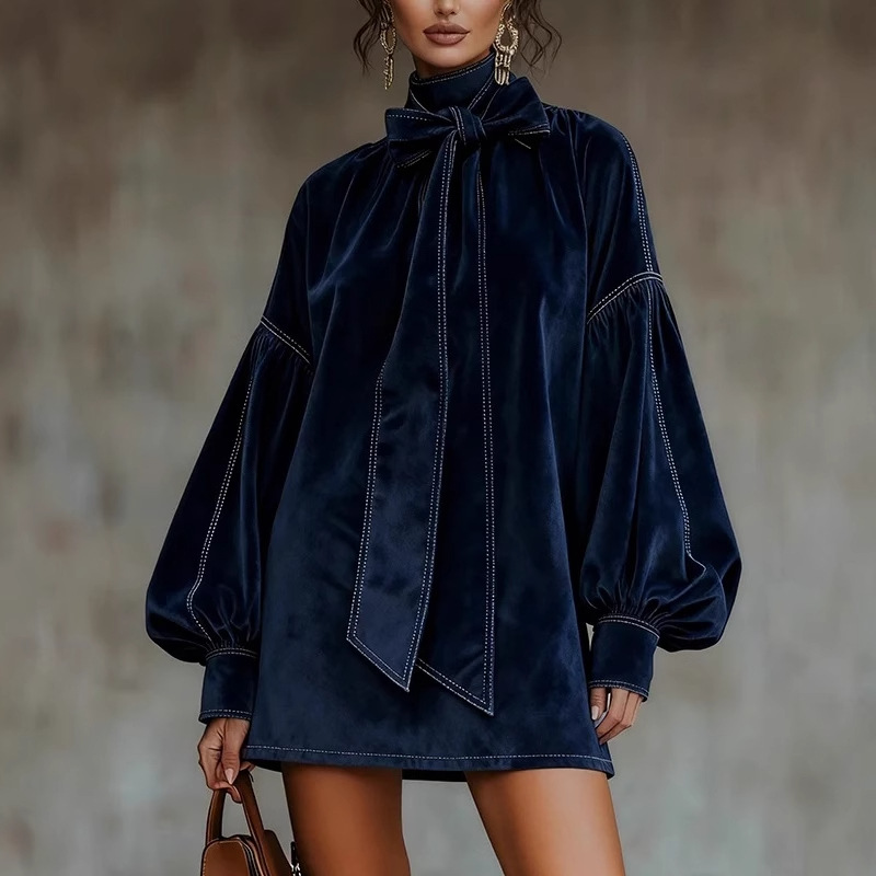 Velvet Long Sleeve Bow Short Dress
