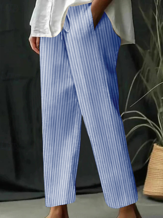 Striped & Solid Cotton-Linen Loose Casual Pants