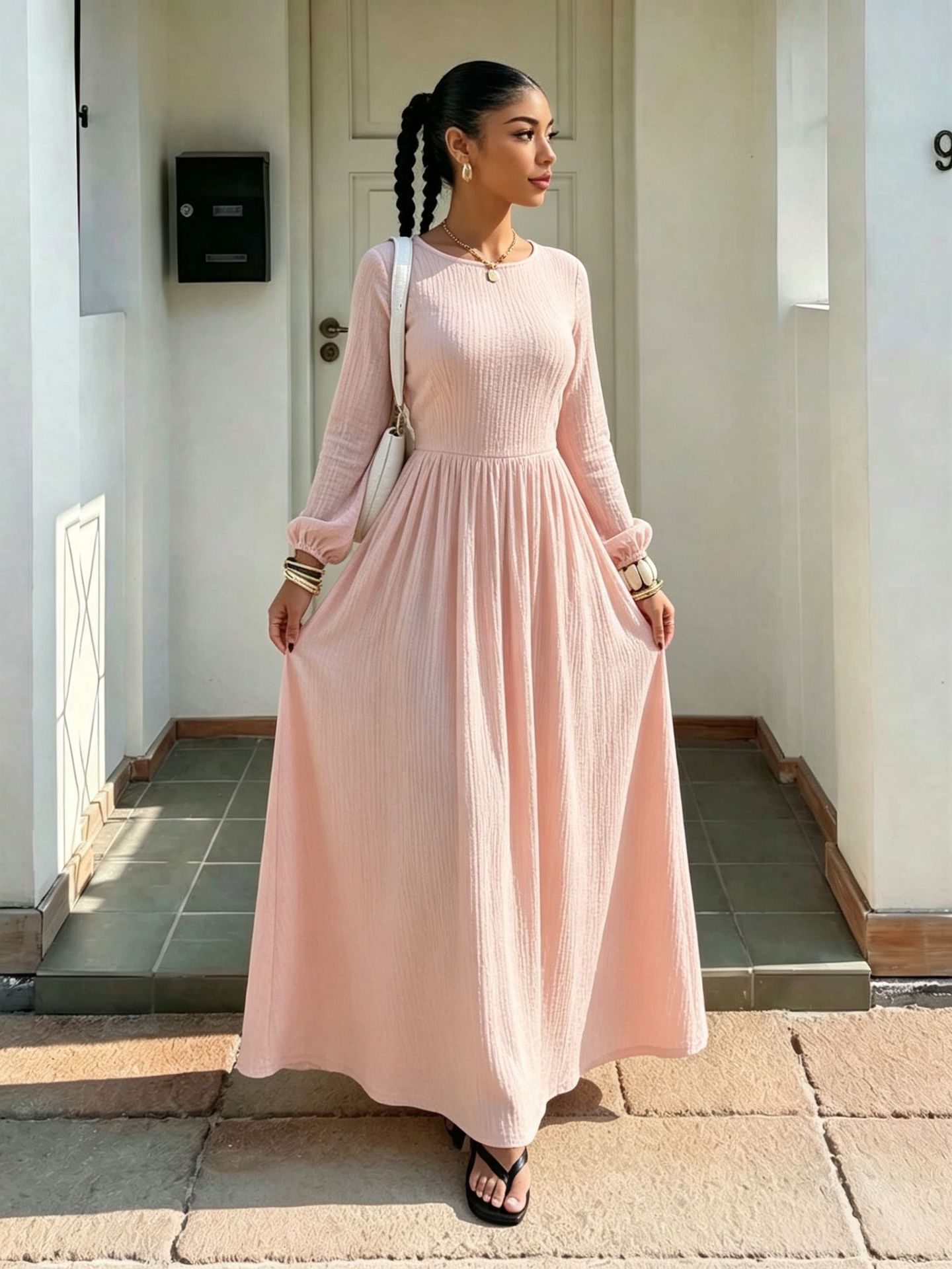 French-Style Fitted A-Line Long-Sleeve Dress with Round Neck and Cinched Waist