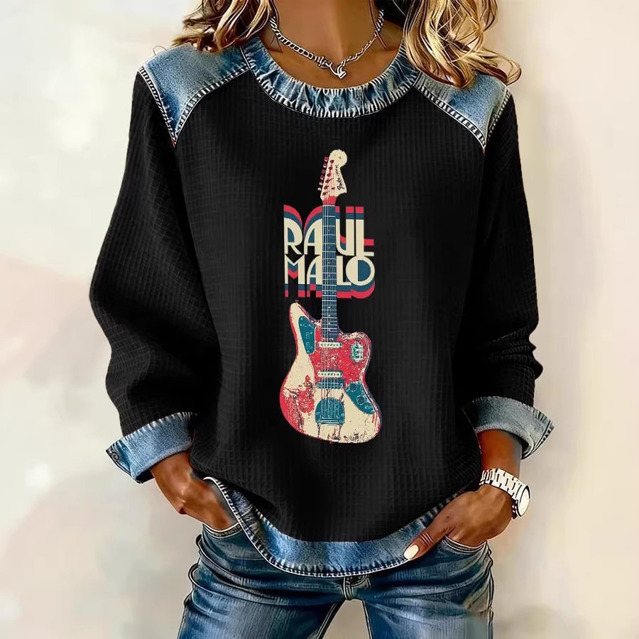 Women's Casual Crewneck Sweatshirt with 3D Digital Print Denim Splicing Waffle Knit