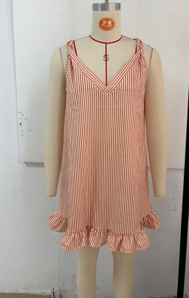 Striped Ruffle Sleeveless V-Neck Mini Dress