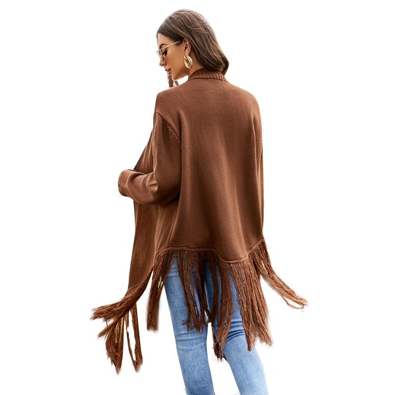 Women's Solid Fringe Knit Cardigan British Style Irregular Sweater Coat