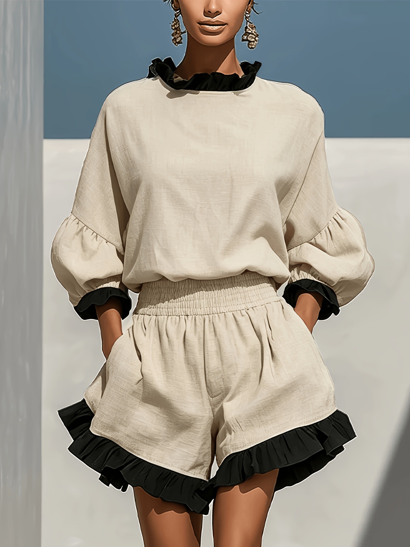Color-Block Ruffle Linen Two-Piece Set with Lantern-Sleeve Top and High-Waist Pocket Shorts