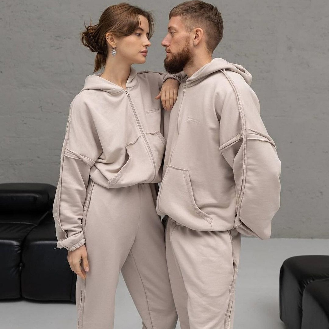 Solid Color Hooded Sweatshirt and Pants Set for Couples