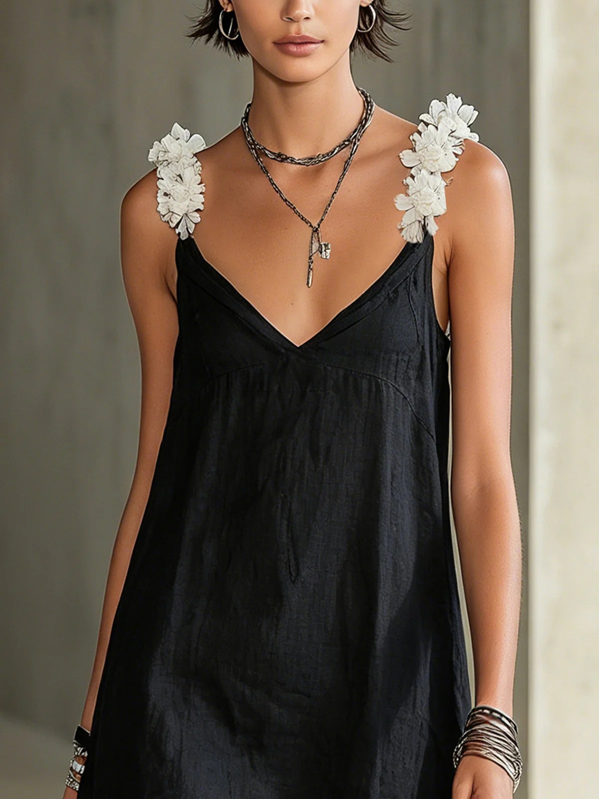 French V-Neck Cami Little Black Dress with 3D White Floral Straps and Raw Hem