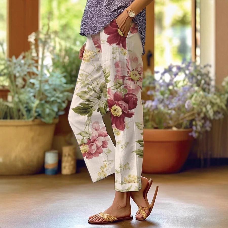 Women's Polka Dot Floral Print Straight-Leg Casual Pants