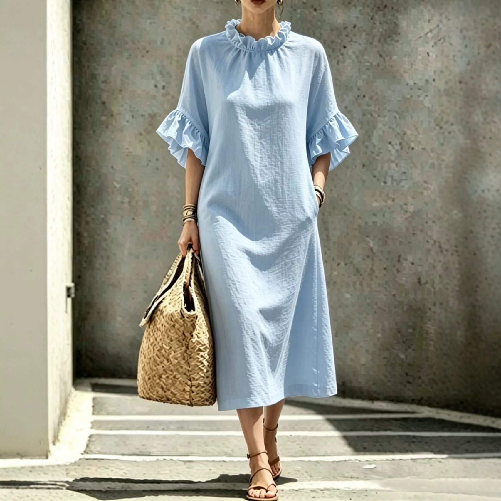 Ruffled Collar Petal Sleeve A-Line Midi Dress