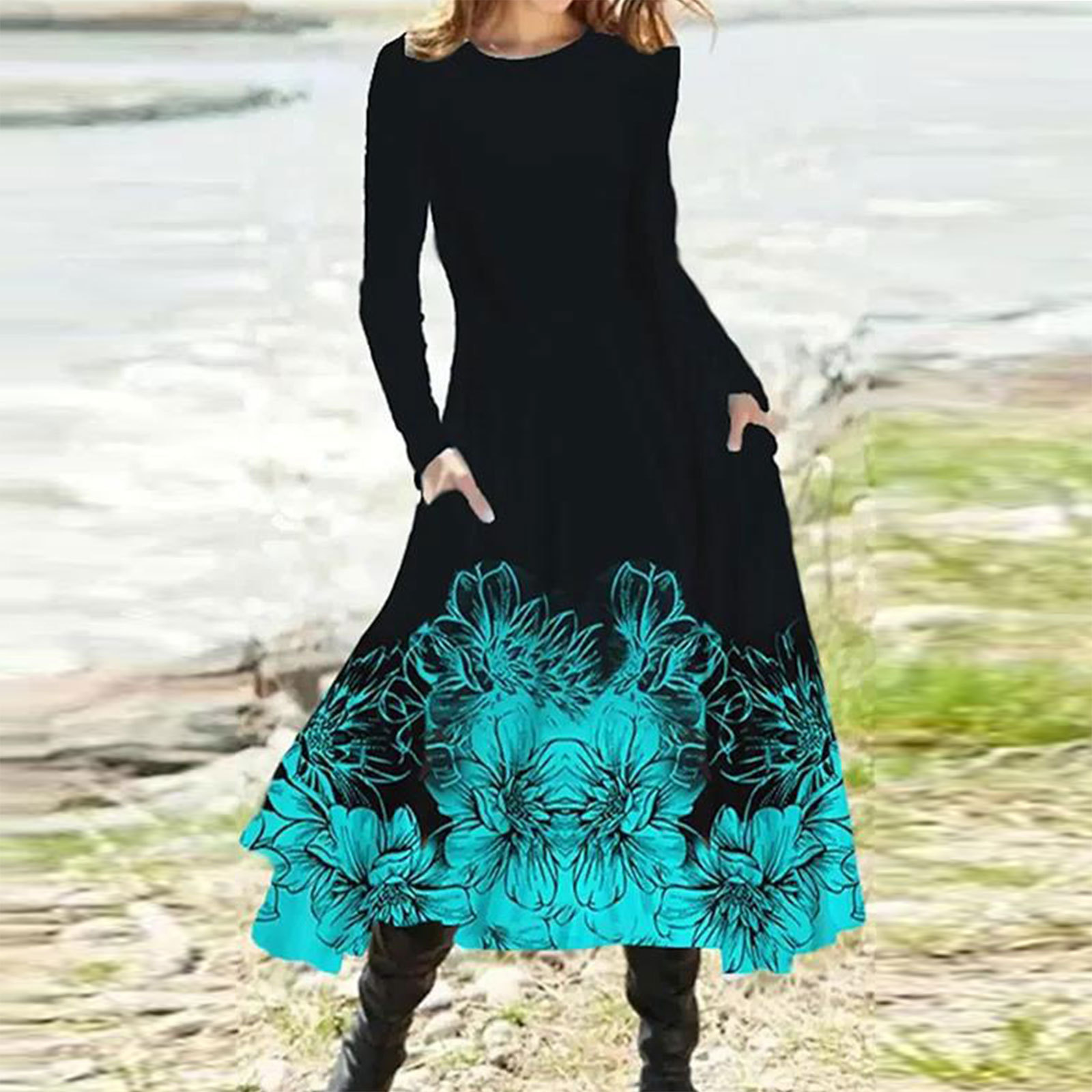 Gradient Print Long Sleeve Midi Dress with Pockets