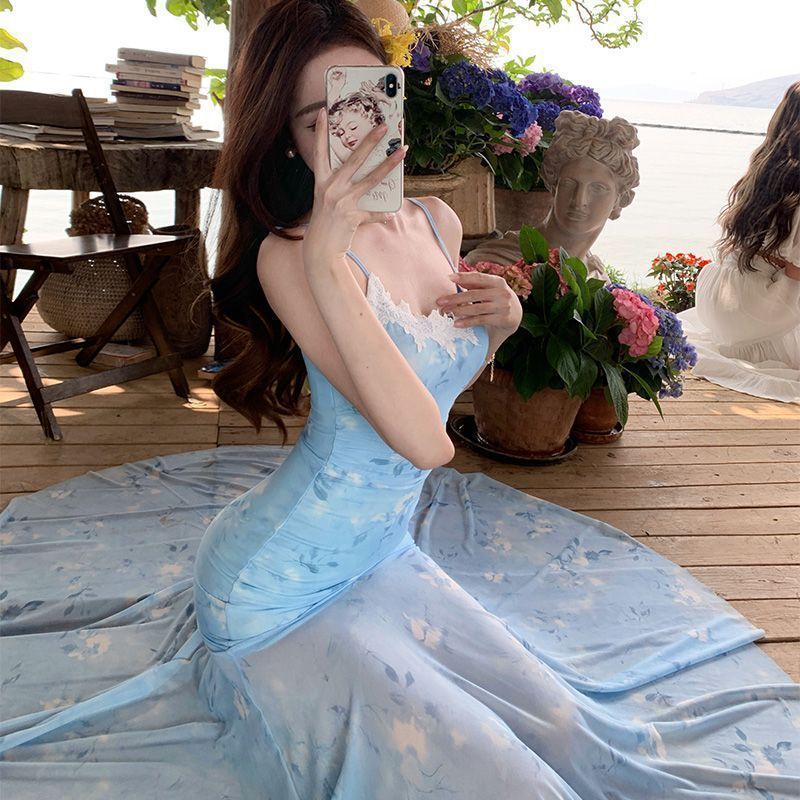 Lace Panel Cami Dress with Mesh Tie-Dye Floral Print and Mermaid Hem
