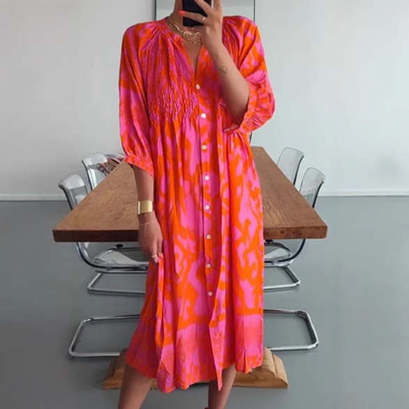Digital Print Button V-Neck Loose Long Dress