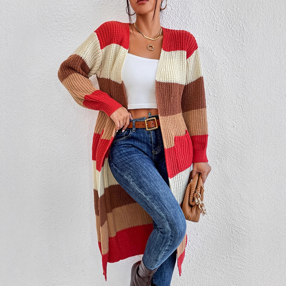 Women's Color-Block Striped Knit Long Cardigan Sweater Coat