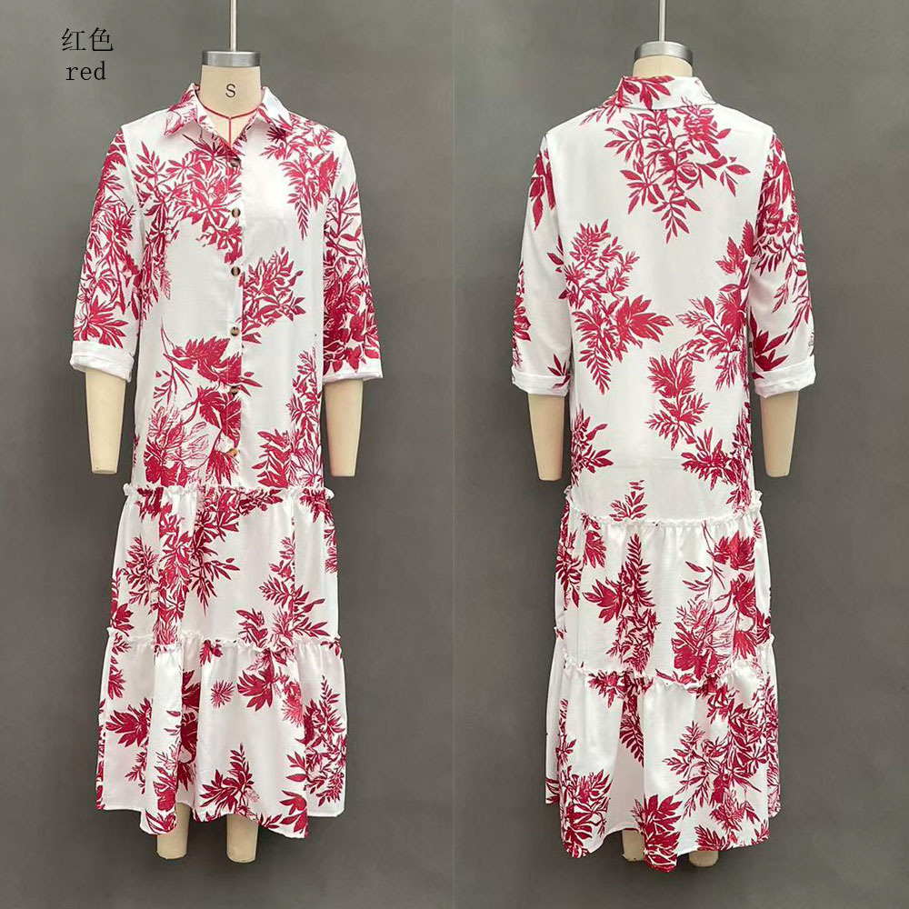 Women's Casual Long Sleeve Lapel Collar Bohemian Floral Print Maxi Dress