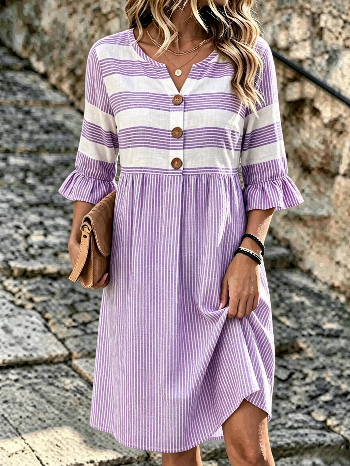 Women's Floral Striped Print Casual Dress with Deep V-Neck and Five-Quarter Sleeves