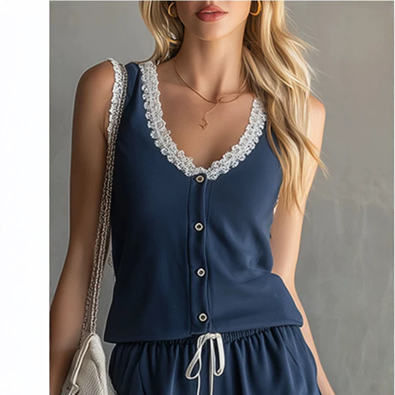 Women's Retro Blue Lace Trim V-Neck Top and Shorts Set