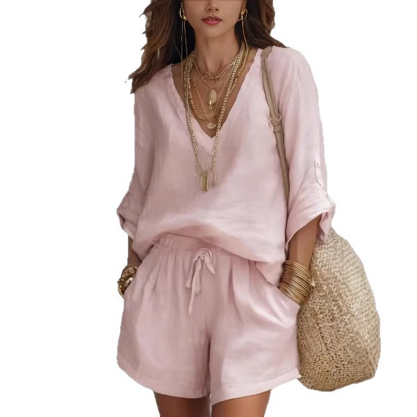 Women's Tie-Front Shorts and Long-Sleeve Top Set Casual Minimalist