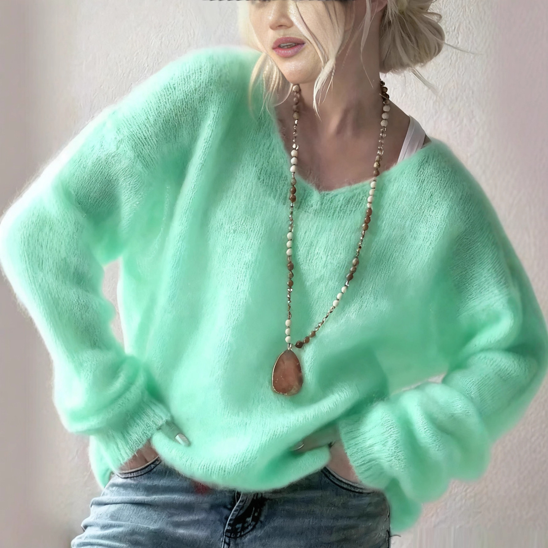 Soft V-Neck Long-Sleeve Pullover Sweater Women Solid Loose Knit Top
