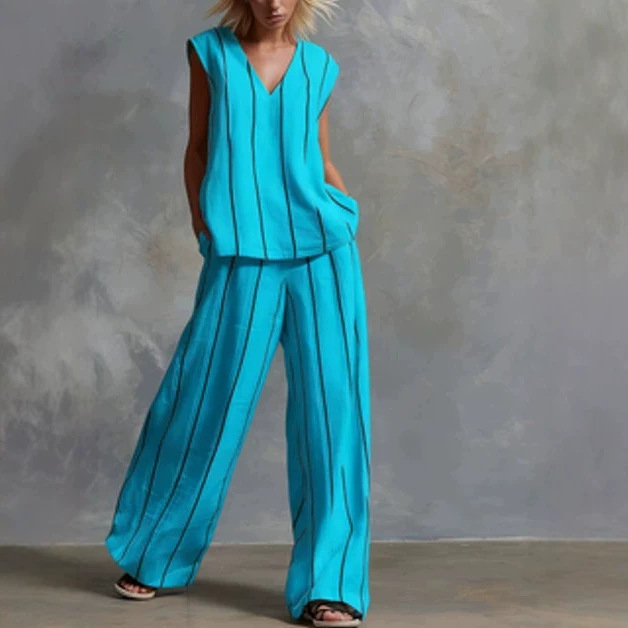 Black and White Vertical Striped Cotton-Linen Two-Piece Wide-Leg Pants Set
