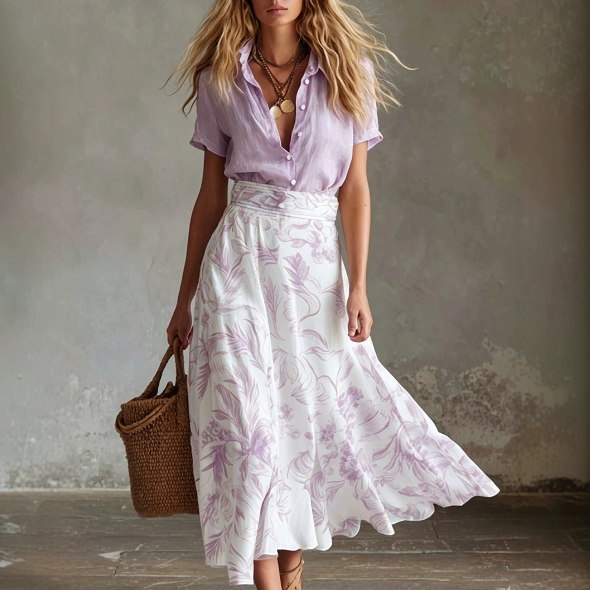 Women's Colorblock Shirt and Skirt Two-Piece Set Casual Spring Summer