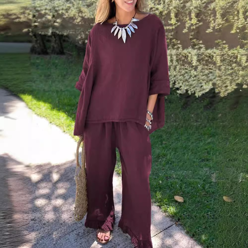 Women's Cotton-Linen Two-Piece Set Casual Solid Color Long Pants Outfit