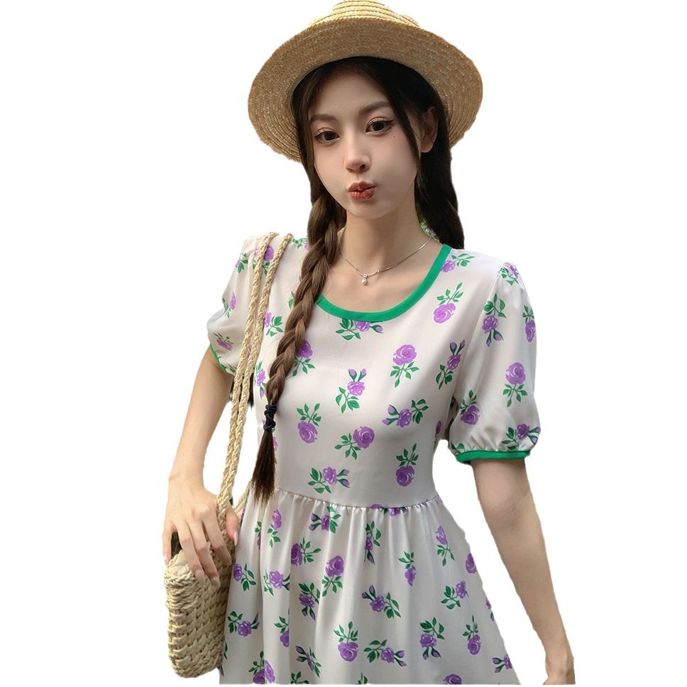 Women's French Tea Break Floral Midi Dress A-Line Short Sleeve Round Neck Elastic Waist