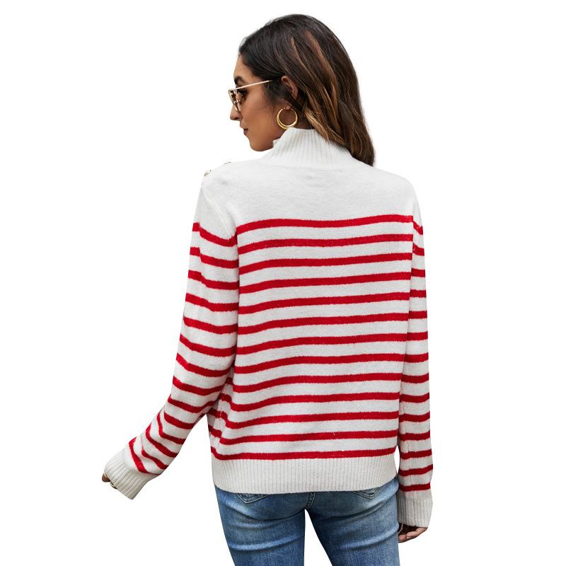 Striped Knit Sweater Loose Fit Long Sleeve Stand Collar Pullover
