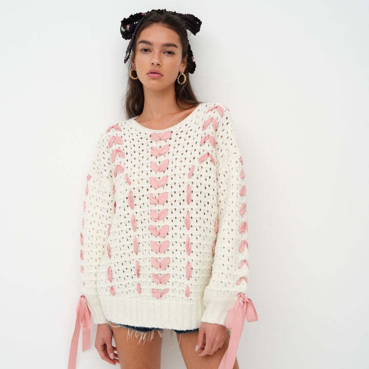 Ribbon-Trim Crewneck Sweet Pullover Sweater
