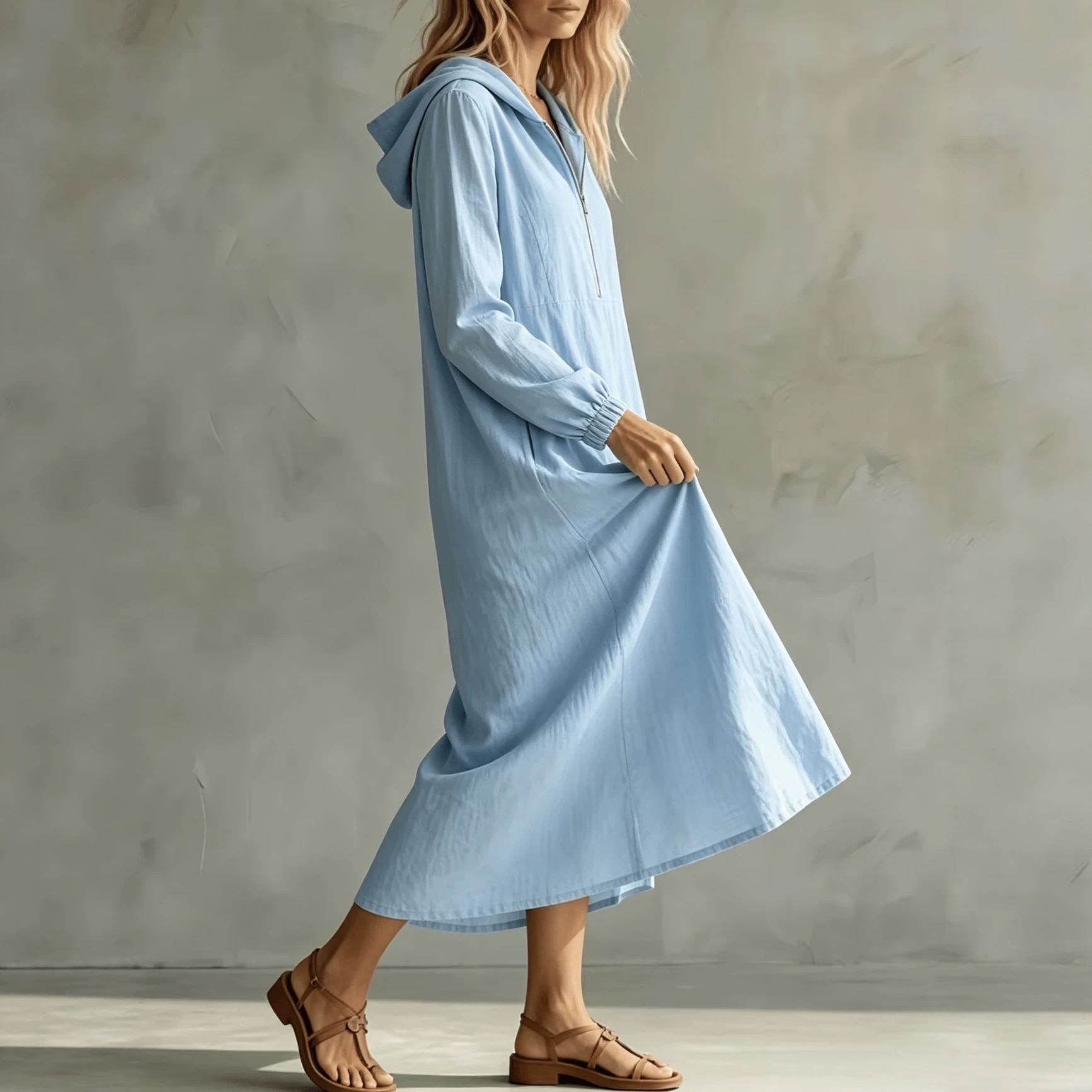 Hooded Half-Zip Long-Sleeve Cotton-Linen Maxi Dress with Cuffed Sleeves