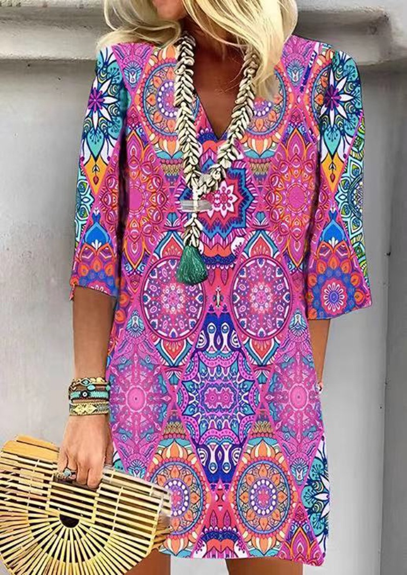 V-Neck Floral Print Loose Casual Midi Dress