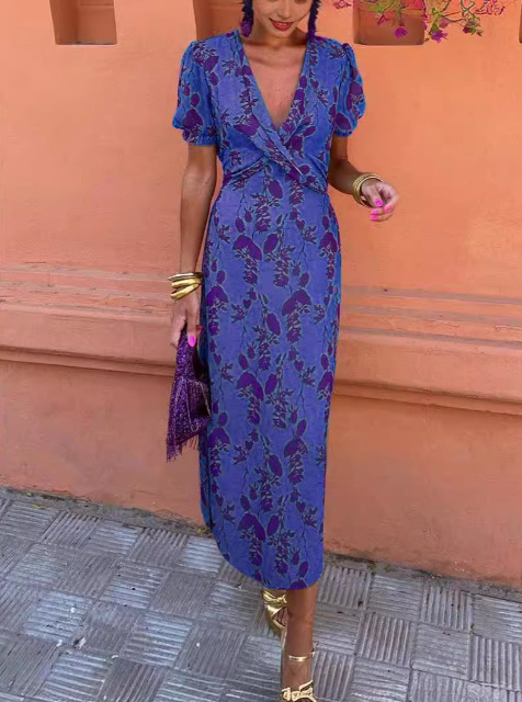 Women's Pleated Floral Print V-Neck Short Sleeve Midi Dress