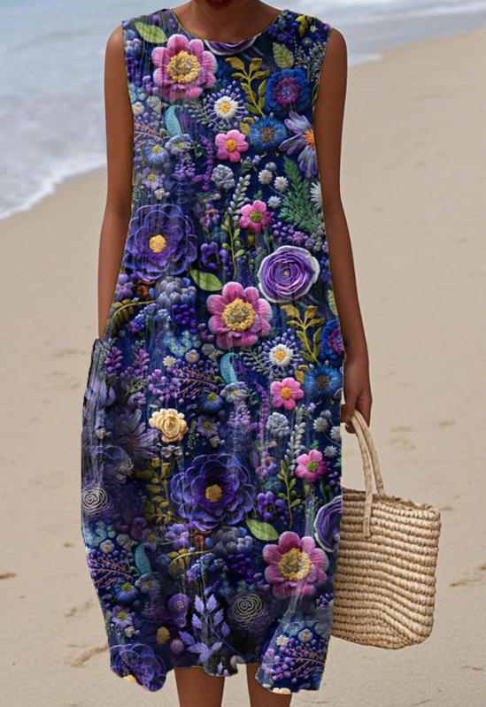 Floral Print Sleeveless Round Neck Loose Midi Dress