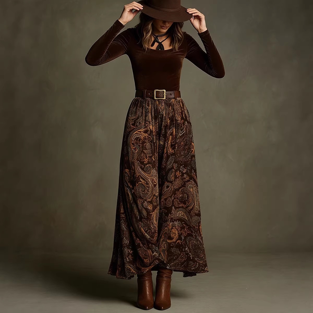 Slim-Fit Top & Vintage Floral Maxi Skirt Set with Belt