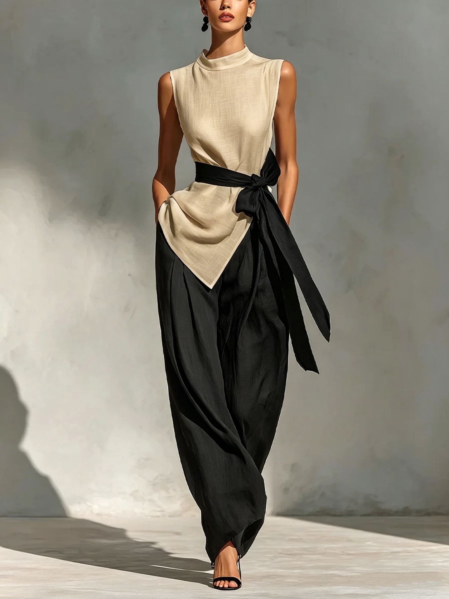 Women's Sleeveless Lace-Up Top and Wide-Leg Pants Two-Piece Set