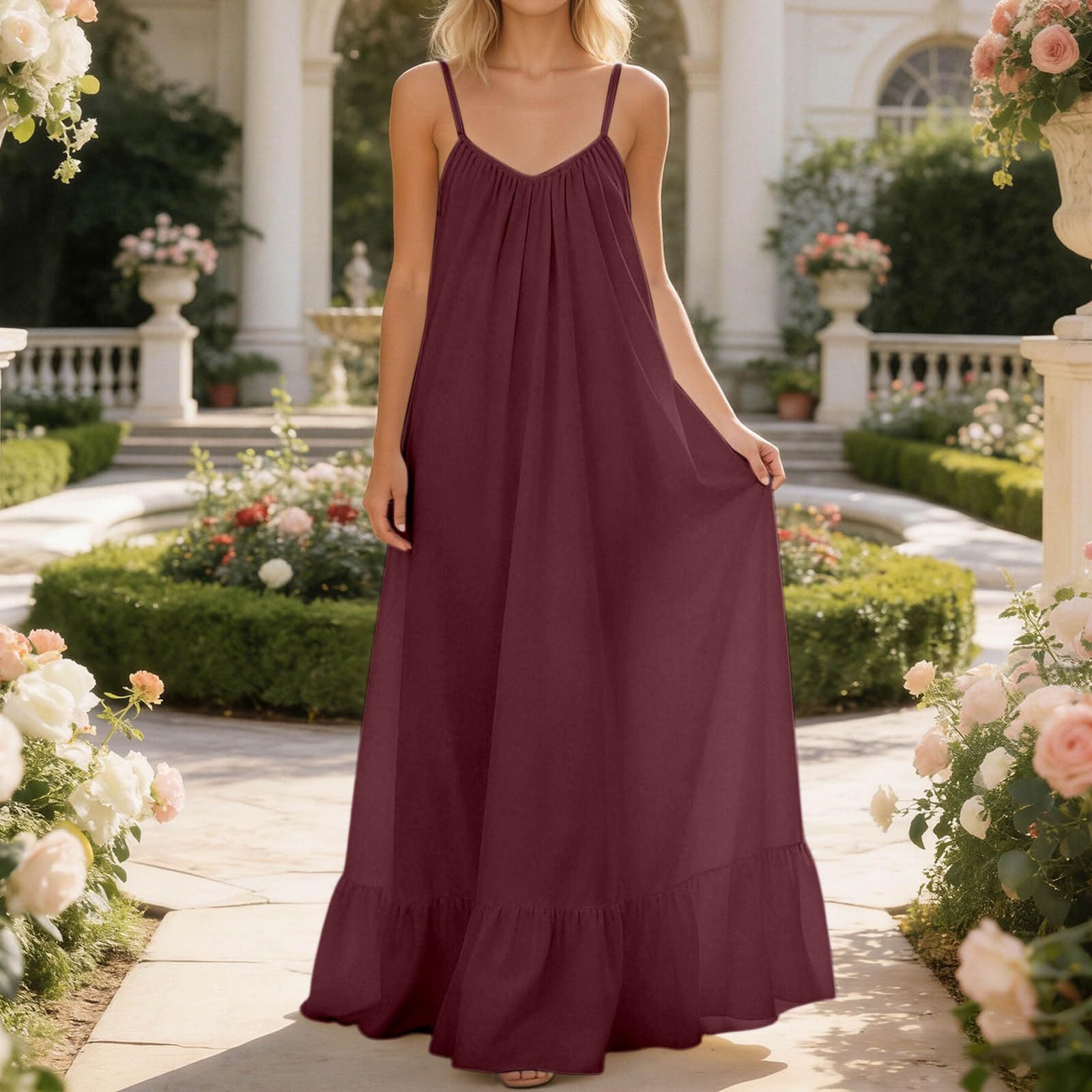 Women's Sleeveless Spaghetti Strap Solid Color Long Dress