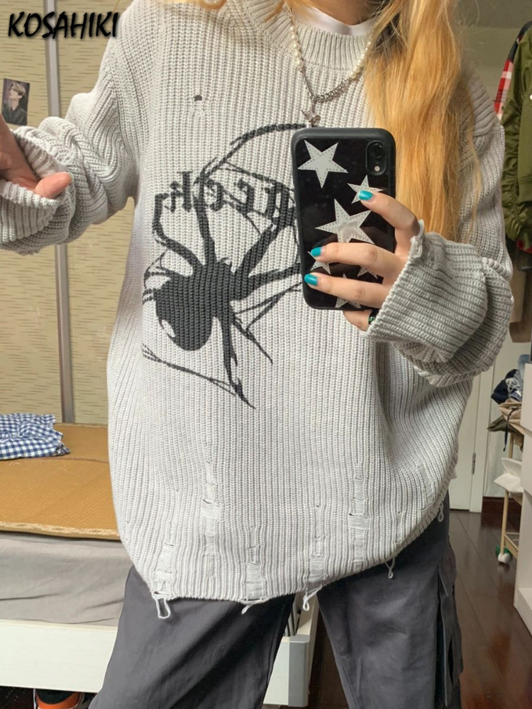 Women's Long Sleeve Loose Casual Distressed Knit Sweater