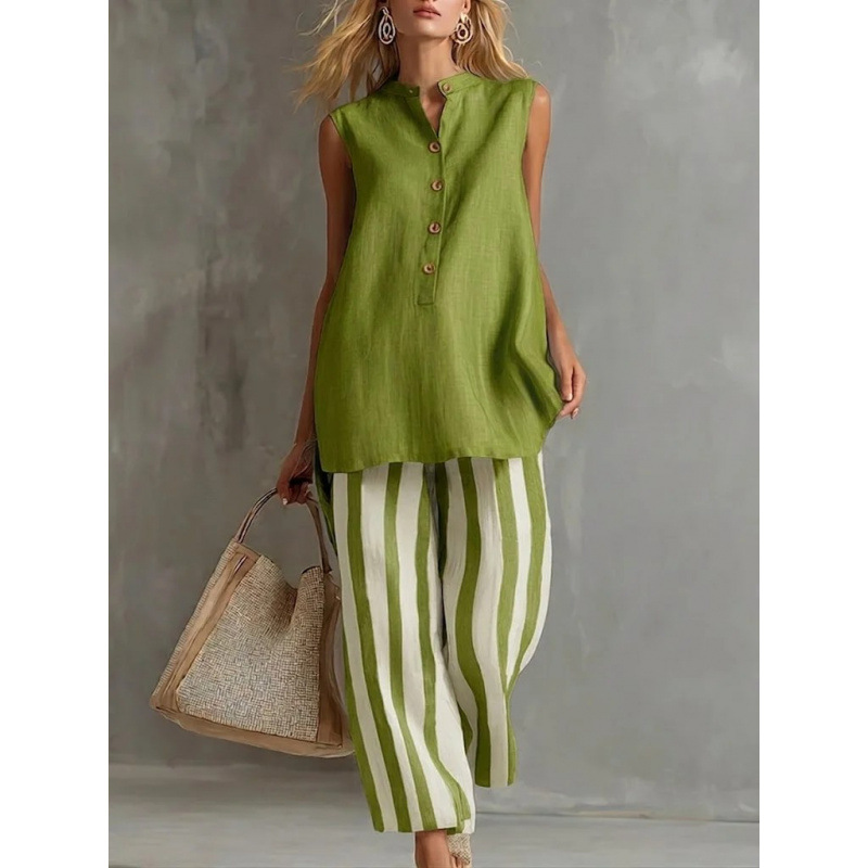 Women's Sleeveless Shirt and Striped Wide-Leg Pants Two-Piece Set