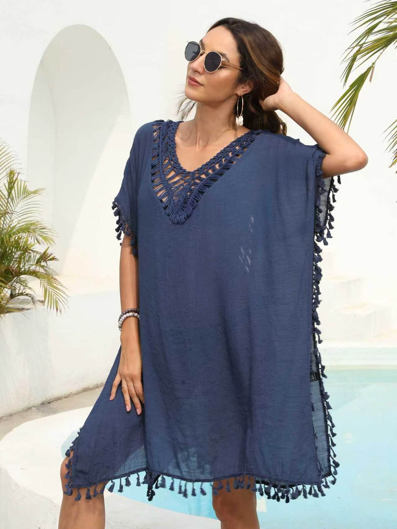 Women's Crochet Fringe Open-Back Beach Cover-Up Dress
