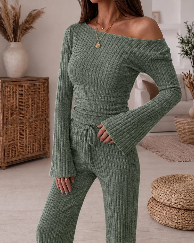 Women's Ribbed Knit Lounge Set Off-Shoulder Flared Sleeve Ruched Top & Wide-Leg Pants