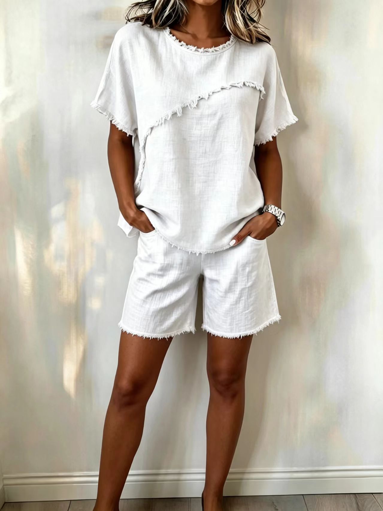 Women's Linen Two-Piece Set Crewneck Top & Shorts Casual