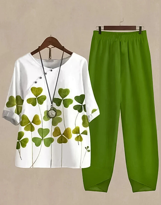 Women's Printed Round Neck Short Sleeve Top & Loose Pants Casual Set