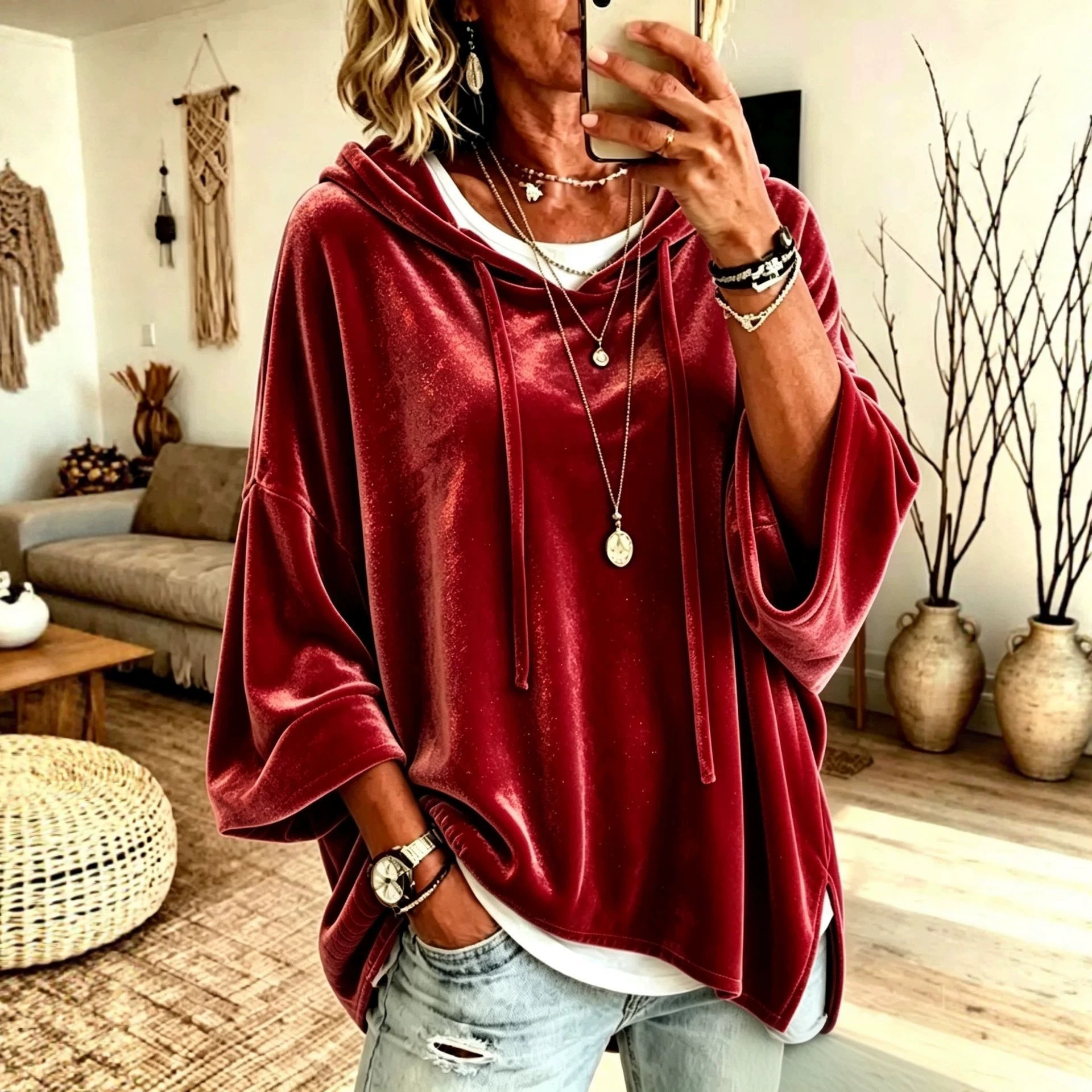 Solid Color 3/4 Sleeve Hooded Drawstring Loose Casual Sweatshirt for Women